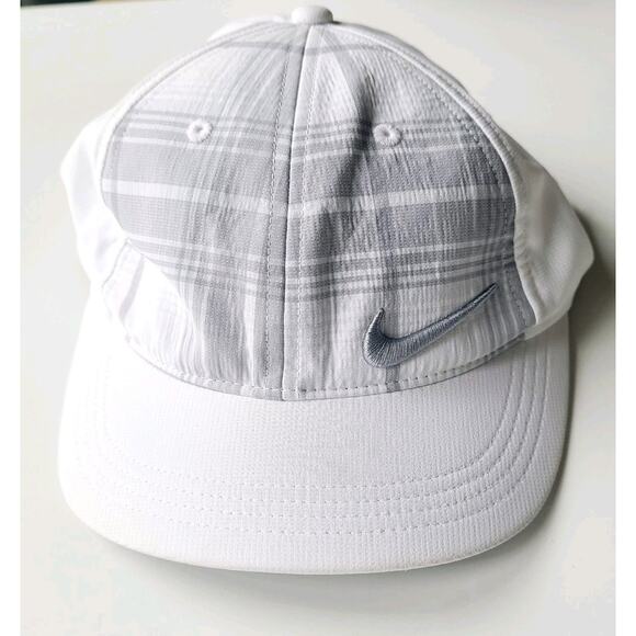 Nike Golf Embroidered Plaid Adjustable Hat‎ Cap One Size- White Grey - Picture 1 of 6